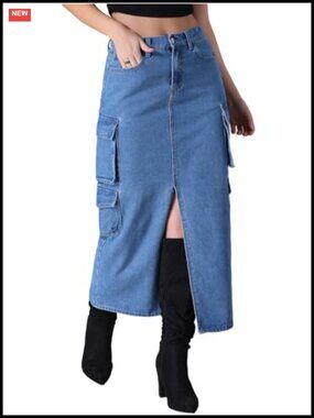 High Waist Cargo Maxi Denim Skirt Slit Front Womens Long Jean Skirt